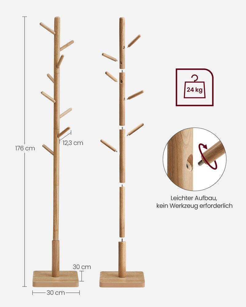 Vasagle Garderobenständer – 8 Haken, Gummibaumholz/MDF, Beige, 30 × 30 × 175 cm