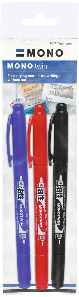 Tombow MONO twin Permanentmarker – Doppeltspitze 0,4/0,8 mm – Schwarz, Blau, Rot – 3er-Set