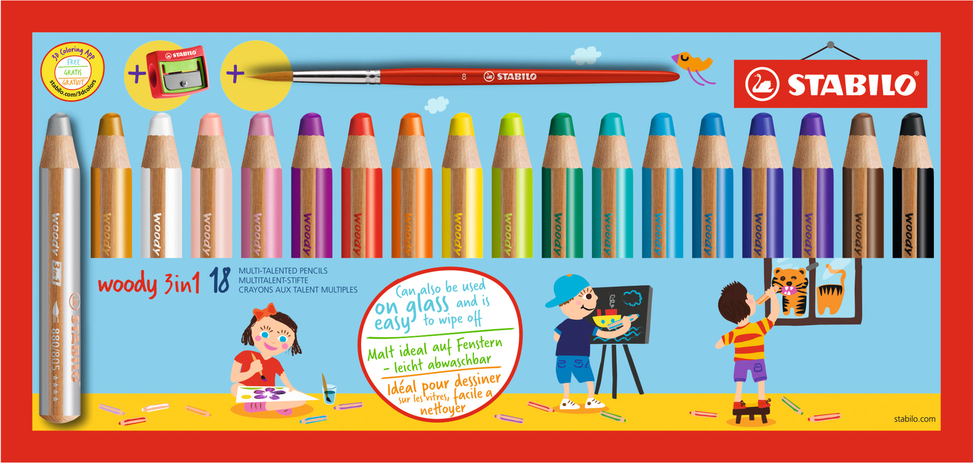 STABILO 3-in-1 Farbstifte woody – 18 Farben, im Kartonetui, mit Spitzer und Pinsel, Ø 4,2 mm, PEFC