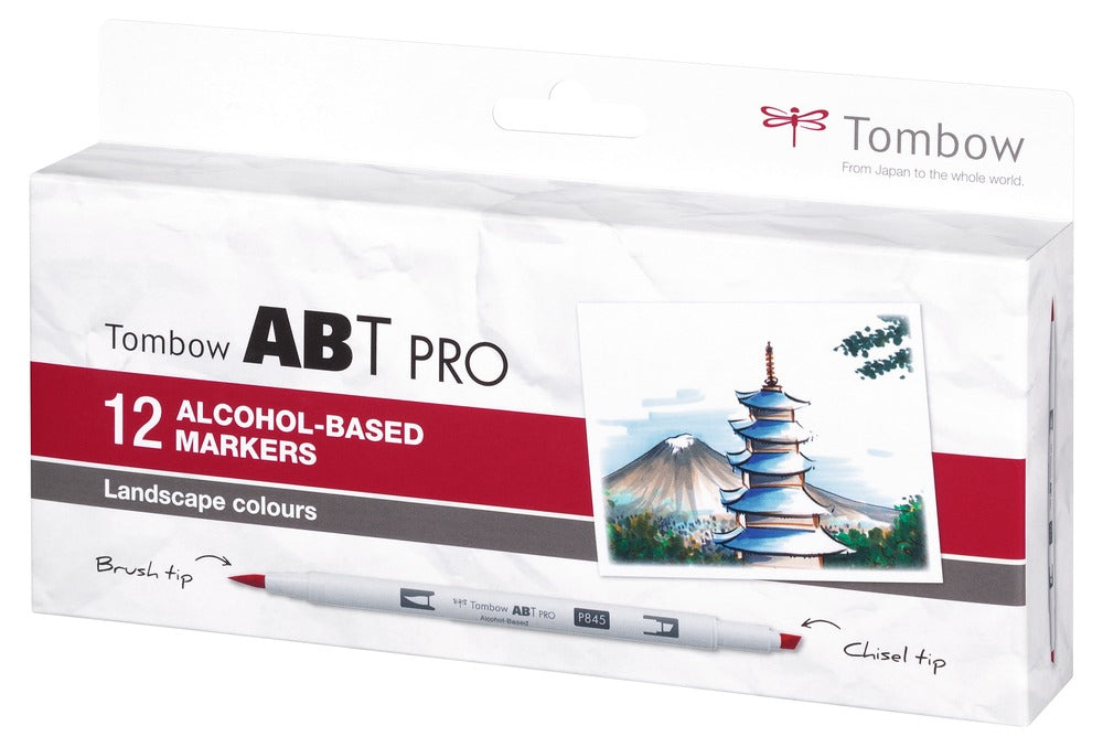 Tombow ABT PRO Permanentmarker – Doppeltspitze (Keilspitze & Bürstenspitze) – Landschaftsfarben, 12er-Set