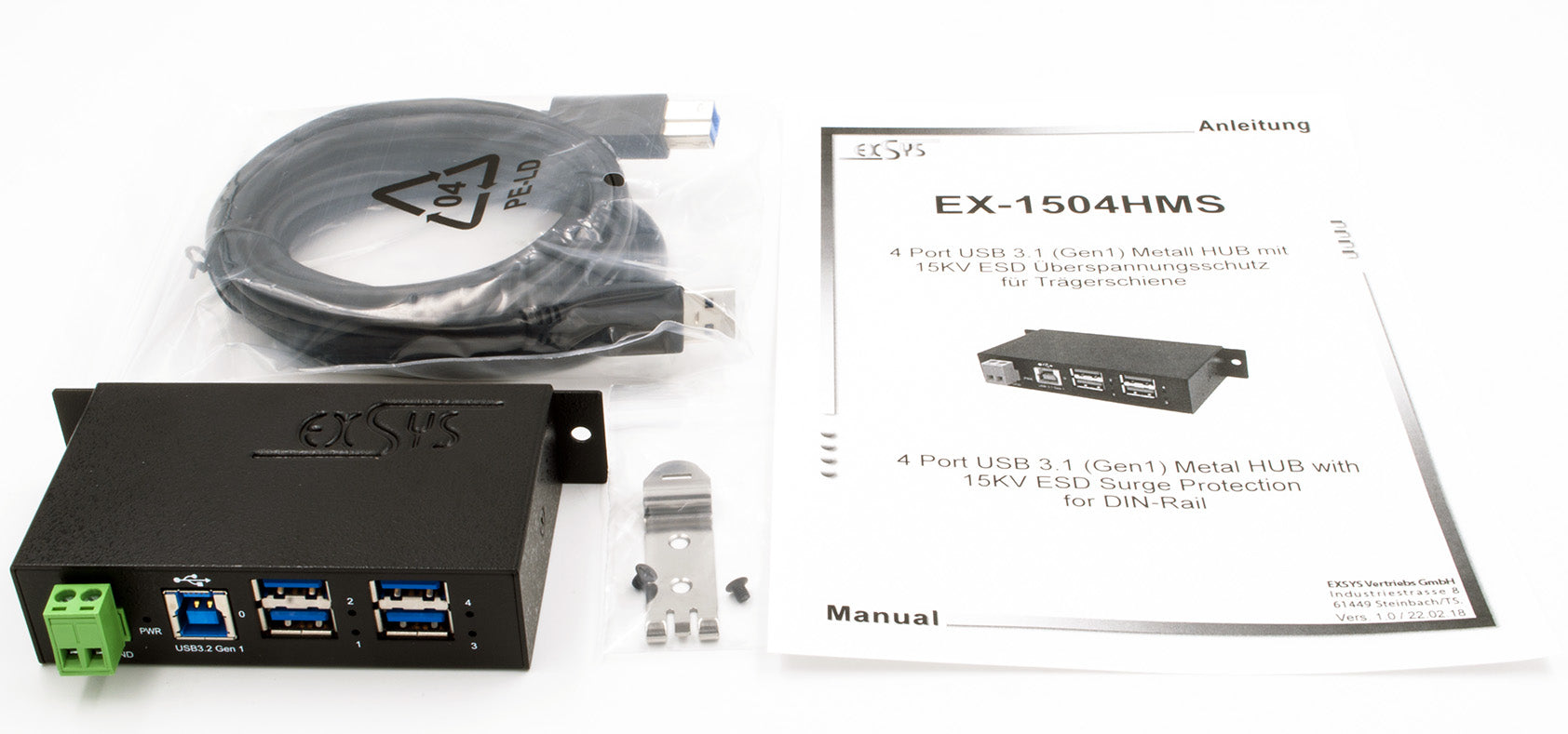 EXSYS EX-1504HMS USB-Hub – USB-B, 4× USB-A, für Windows/Linux