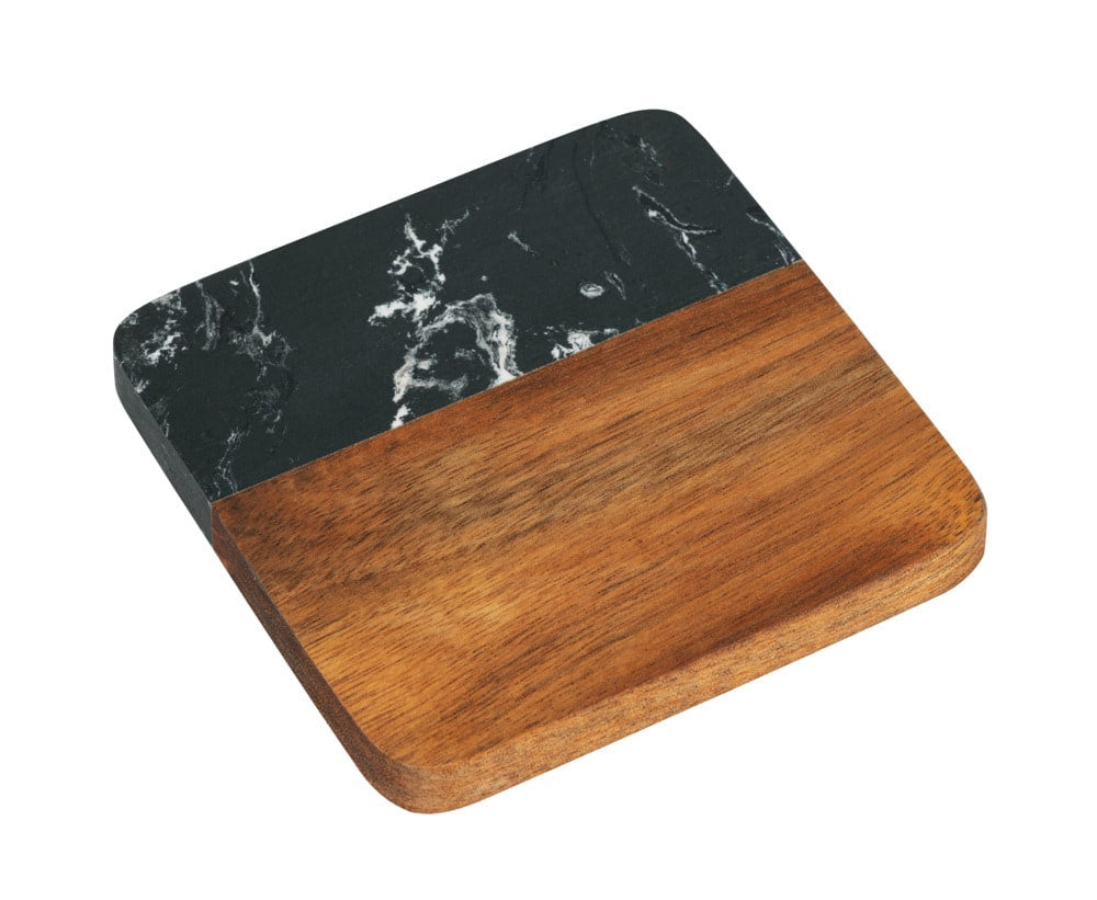 Wenko Untersetzer Atami – 4er Set, 10 × 10 × 1 cm, Marmor/Holz, Schwarz/Braun