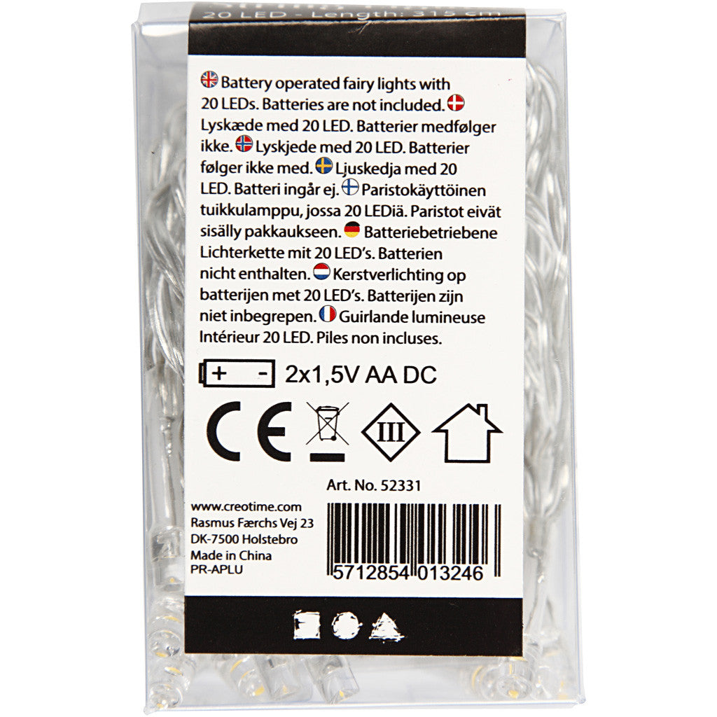 Creativ Company Lichterkette – Starterset, 3,15 m, 20 LEDs, Warmweiss, Transparent, Batteriebetrieb (2× AA)