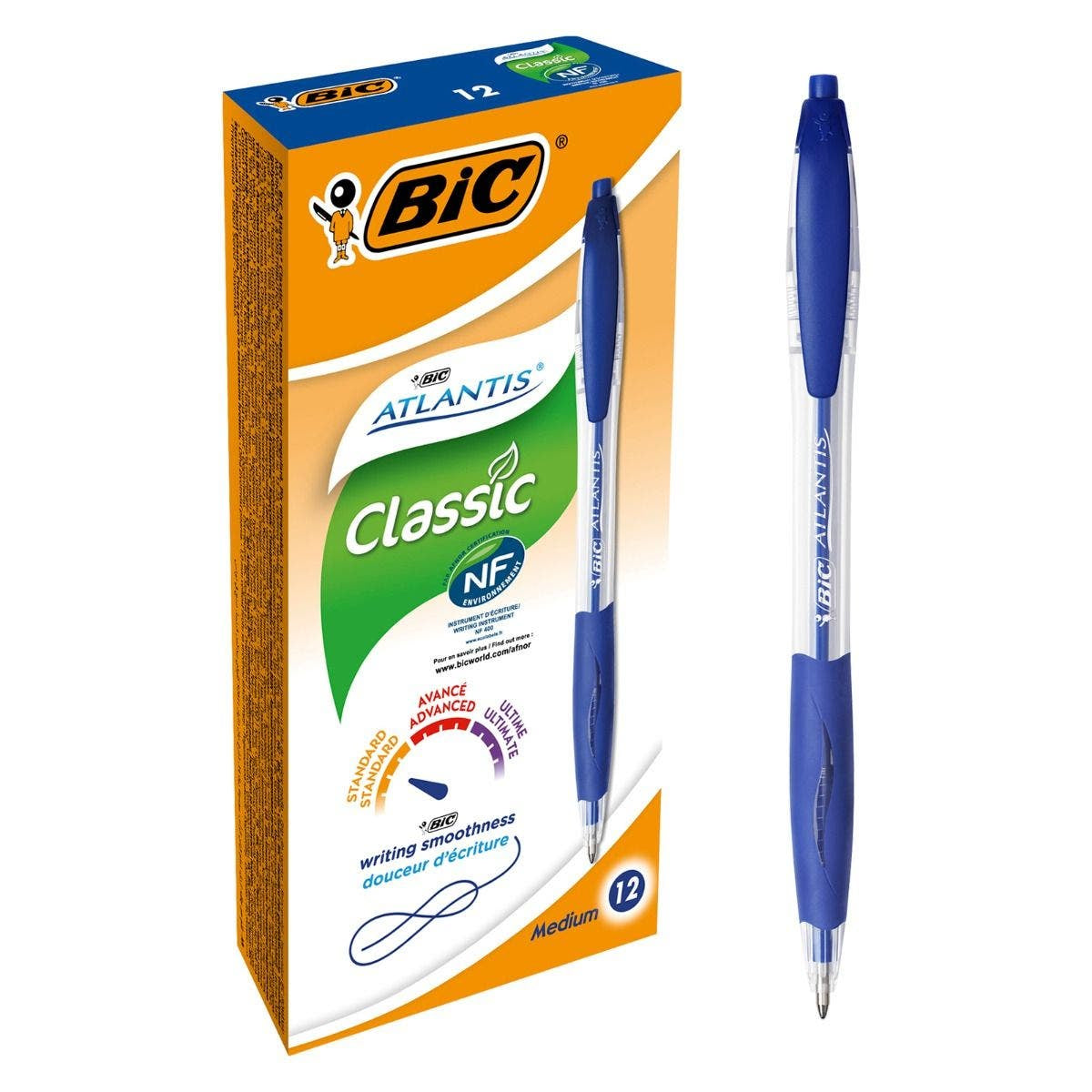 BIC Atlantis Classic Kugelschreiber – 12er Pack, Blau, 1 mm Spitze, Druckmechanik