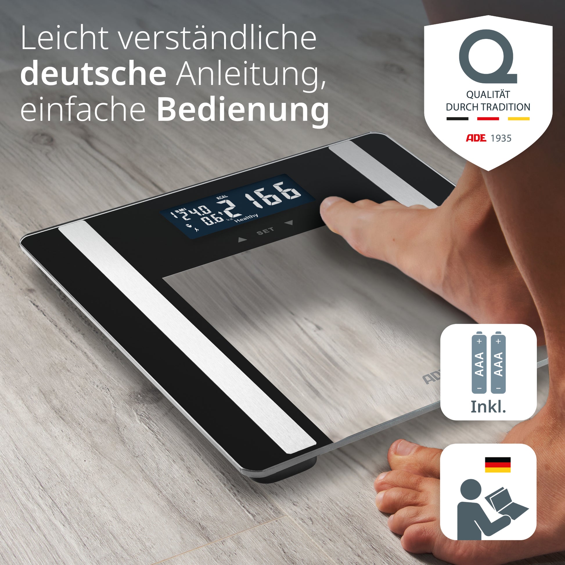 ADE Digitale Personenwaage BA2300-1 – Glas – 200 kg – Schwarz
