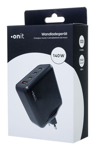 ONIT GaN-Netzteil – 140 W, 3× USB-C + 1× USB-A, PD, PPS, QC