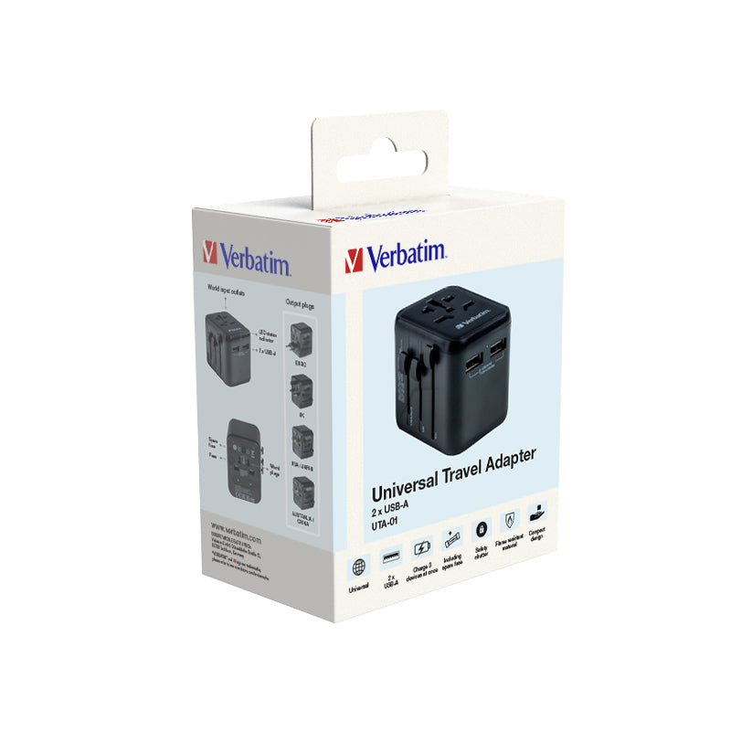 Verbatim UTA-01 Reiseadapter – Universalstecker zu Universalbuchse, 100–250 V, 2500 W, 2× USB 2,4 A