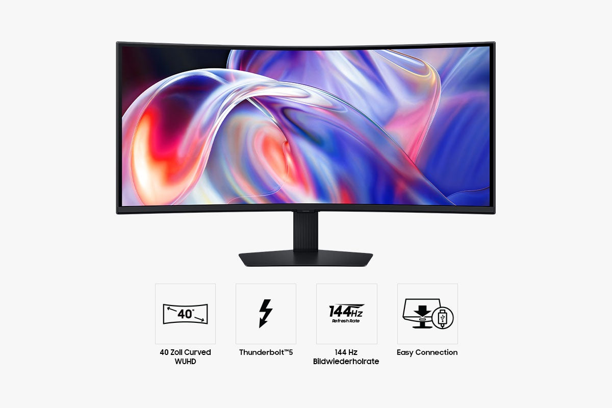 Samsung S85TH – 40" Gebogen 1000R, 5120 × 2160, VA, 144 Hz, USB-C 140 W, KVM, LAN, HDR10+
