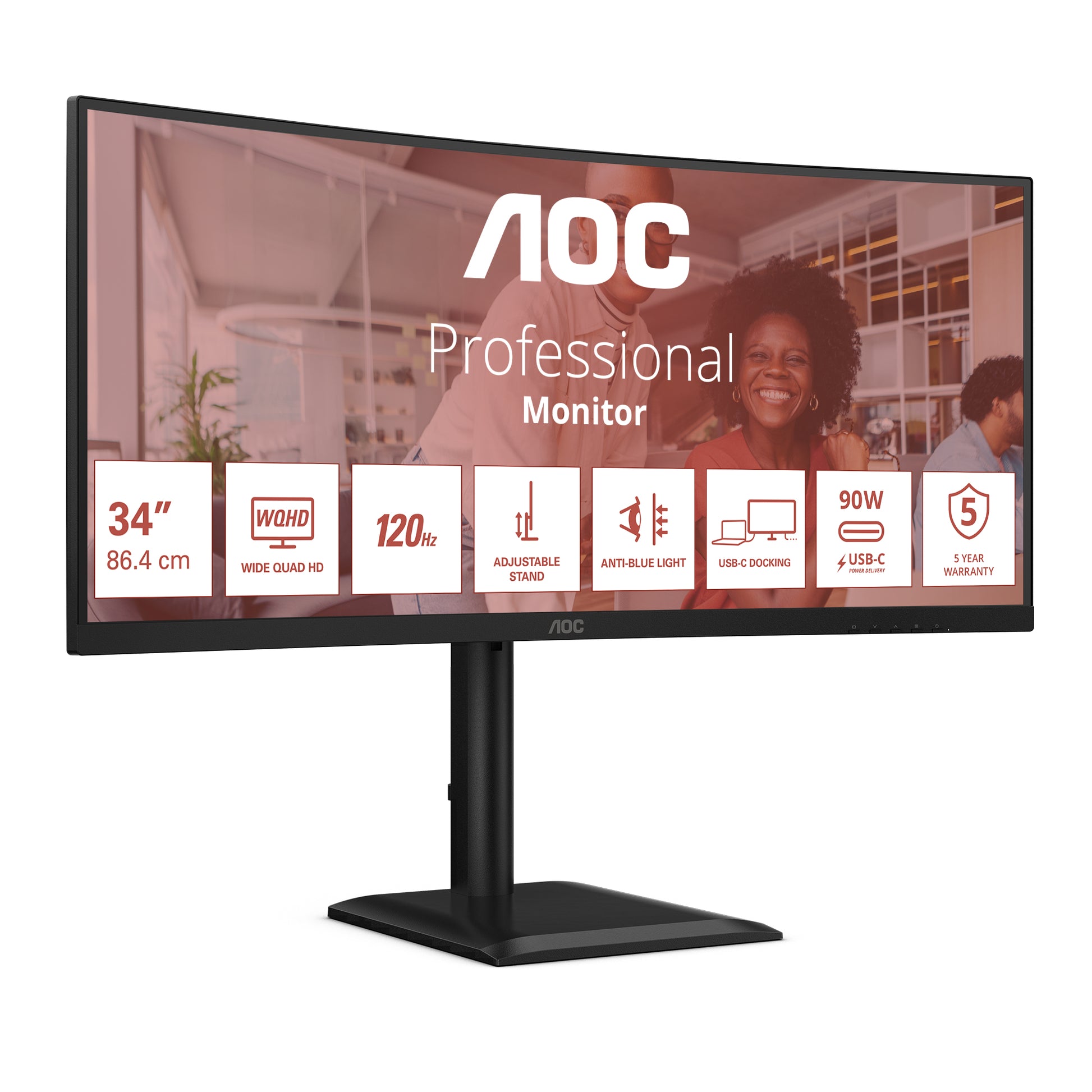 AOC CU34E4CV – Monitor, 34" 3440 × 1440 (UWQHD), VA, 120 Hz, Gebogen, KVM, VESA 100 × 100, Schwarz