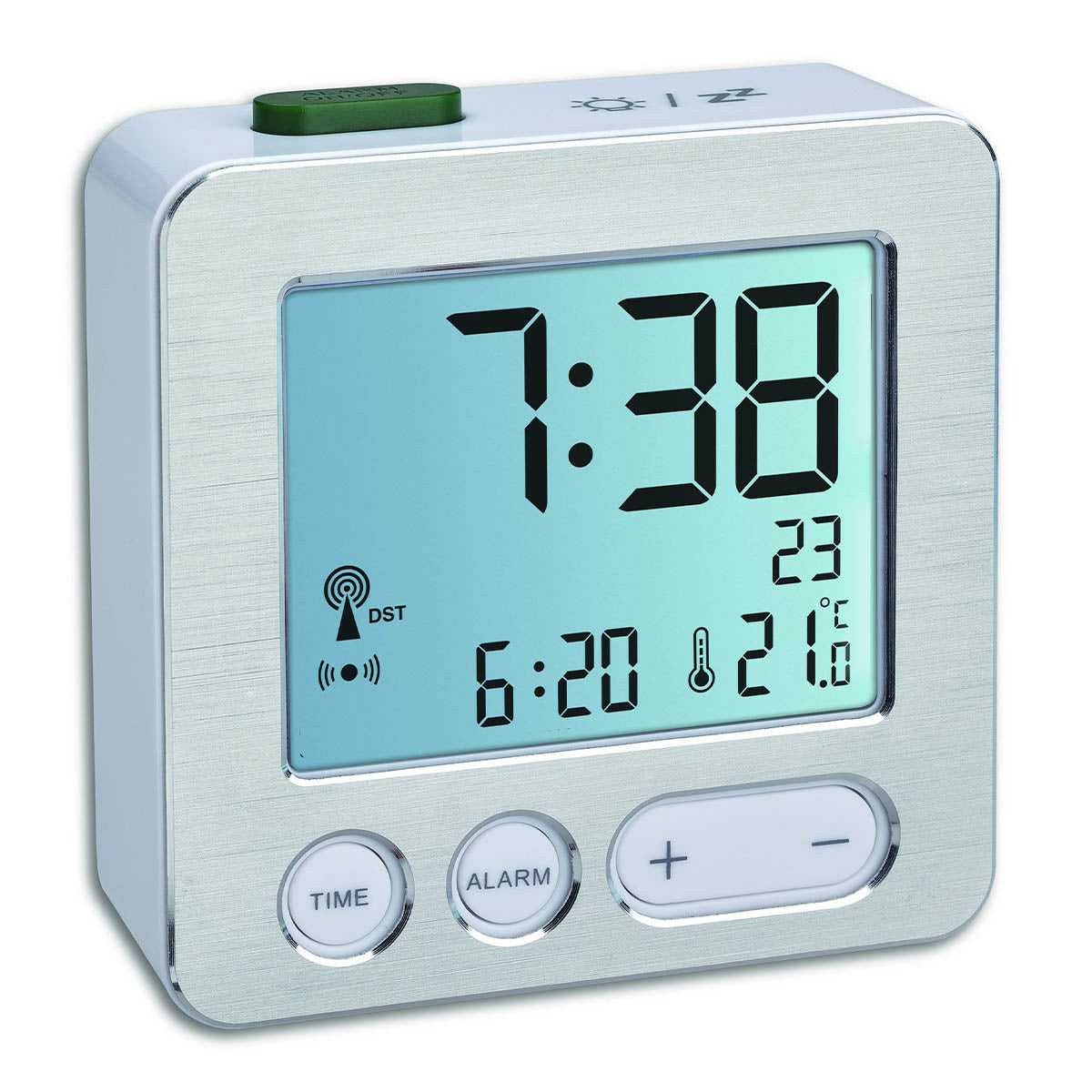 TFA-Dostmann Digitalwecker – Funk, Snooze, Thermometer, 6,6 × 2,2 × 6,8 cm, Silber