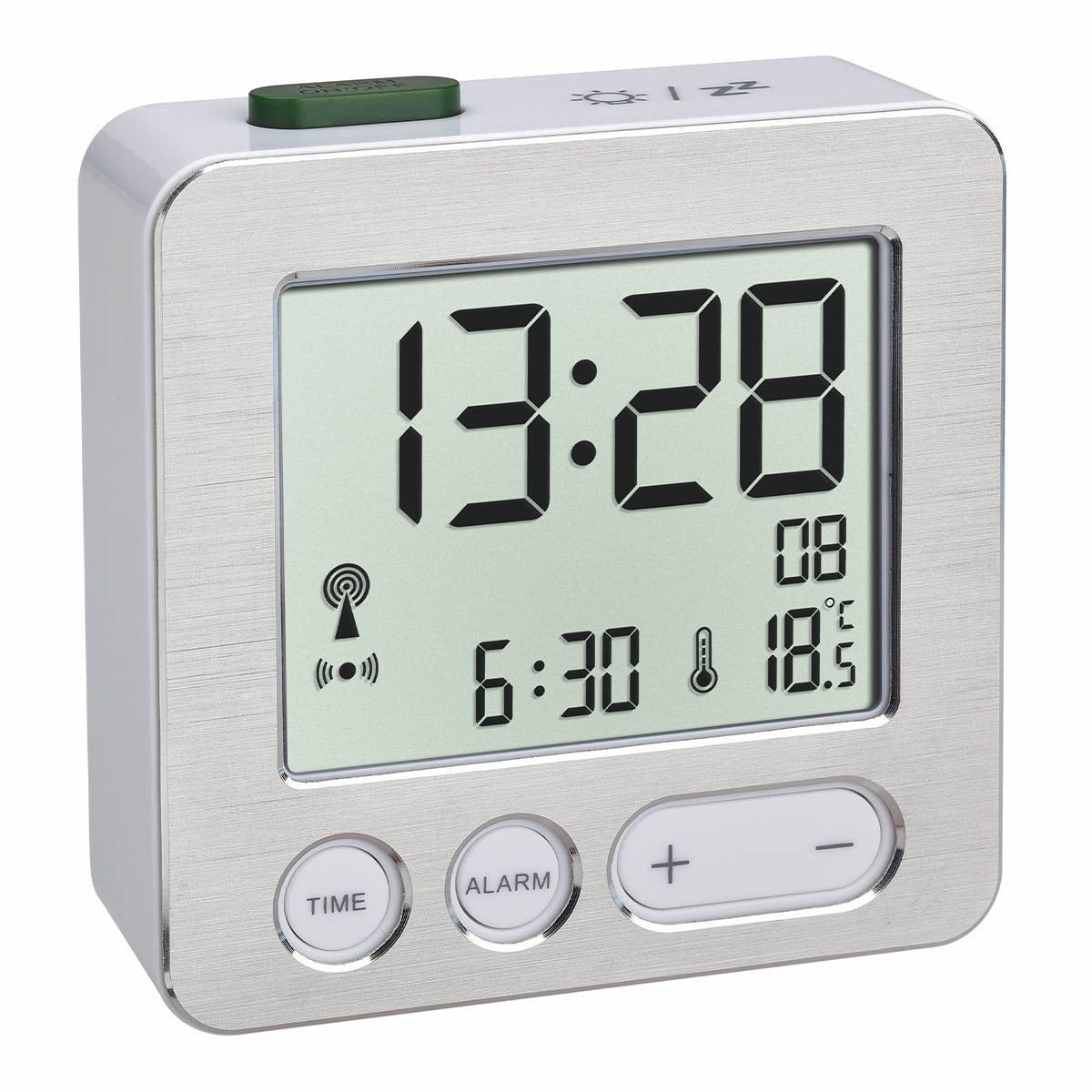 TFA-Dostmann Digitalwecker – Funk, Snooze, Thermometer, 6,6 × 2,2 × 6,8 cm, Silber