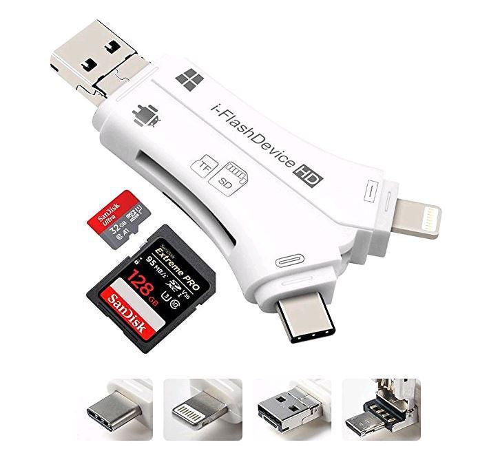 CoreParts Kartenleser – SD bis 128 GB, Lightning/Micro-USB/USB-C, für iPhone/Android – Weiss