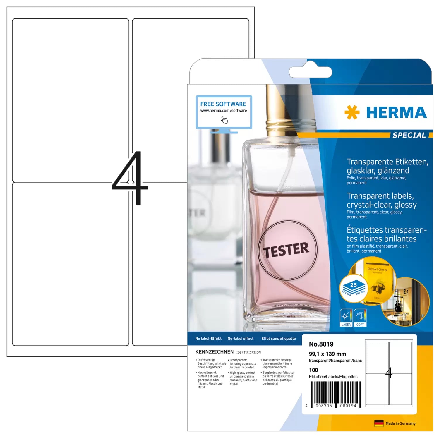HERMA Druckeretiketten, 99 mm × 139 mm, transparent, Folie, permanent, 25 Blätter (100 Etiketten)