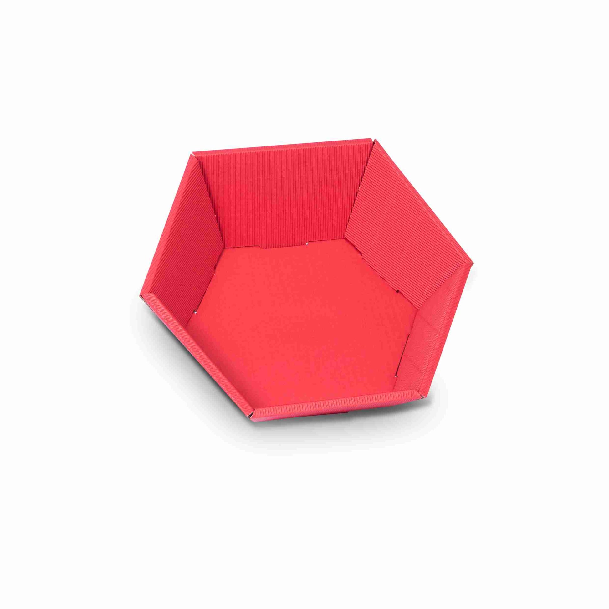 Sechseckiger Geschenkkorb, Wellpappe, offene Welle, rot – Innenmass 290 × 60 × 270 mm – 1 Palette (800 Stk.)