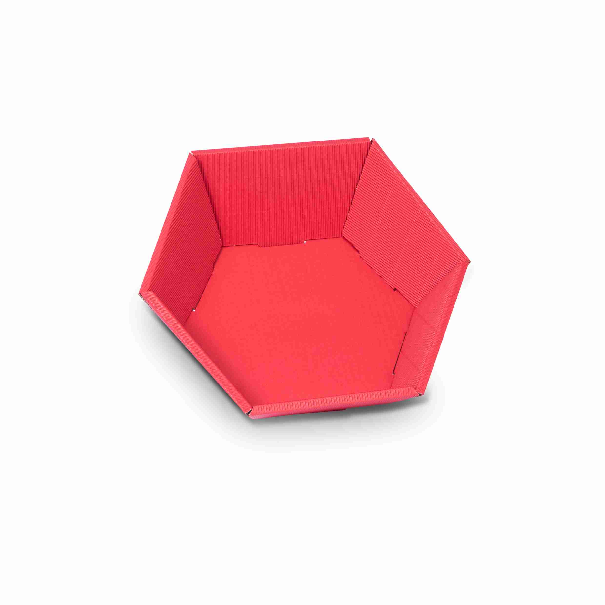 Sechseckiger Geschenkkorb, Wellpappe, offene Welle, rot – Innenmass 290 × 60 × 270 mm – 1 Palette (800 Stk.)