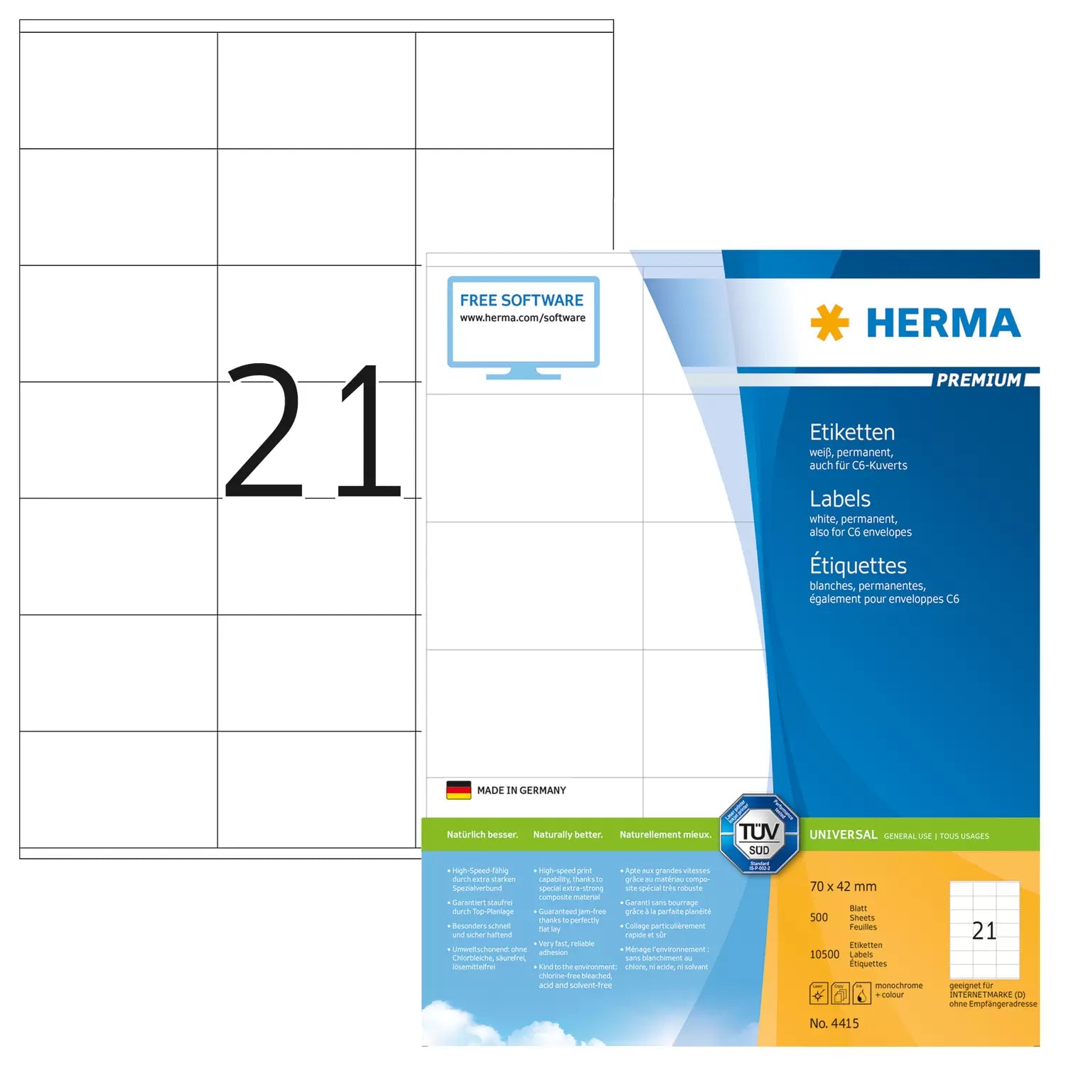 HERMA Blattetiketten, 70 mm × 42 mm, weiss, Papier, permanent, 500 Blatt
