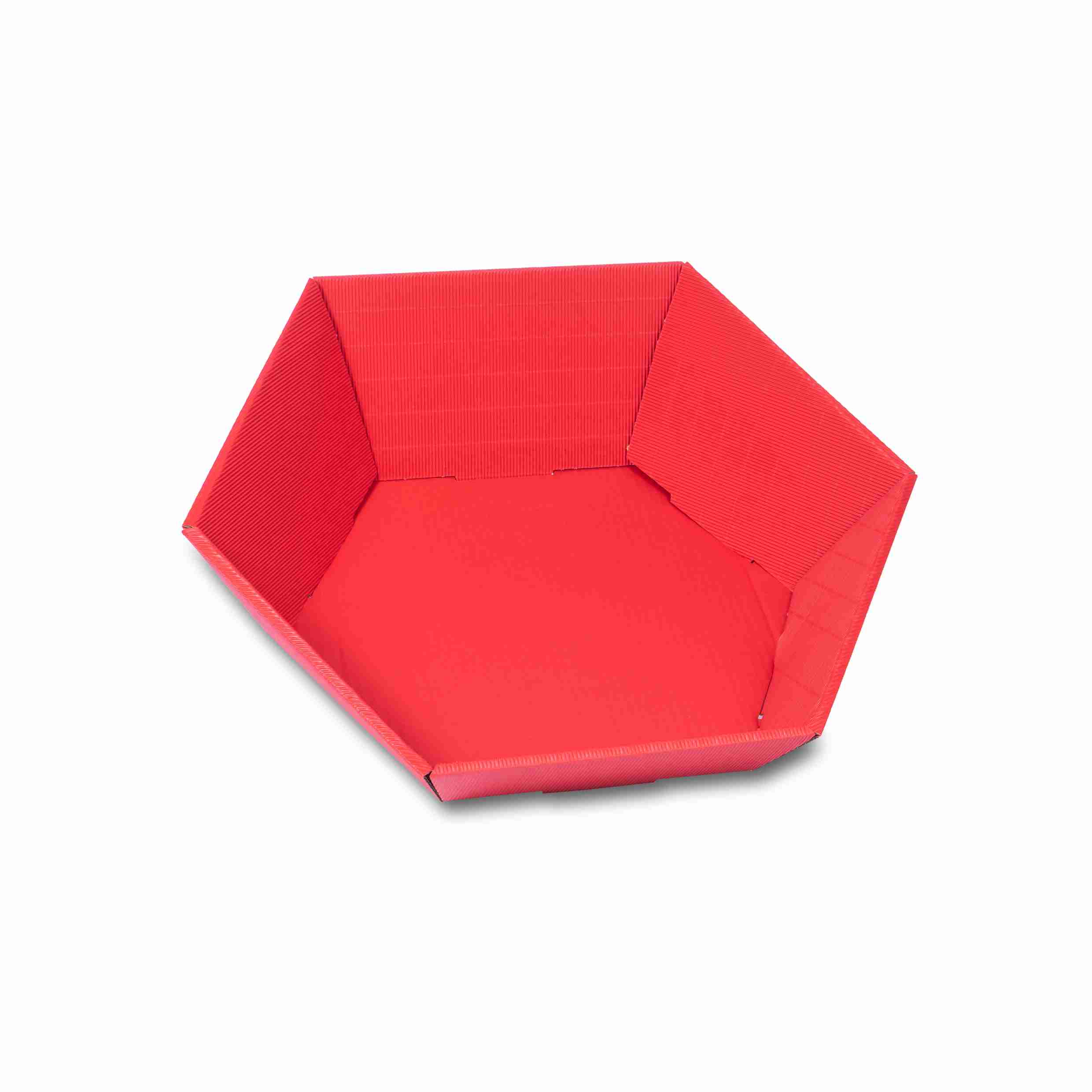 Model Sechseckiger Geschenkkorb – Rot – Wellkarton, offene Welle – 380 × 340 × 130 mm