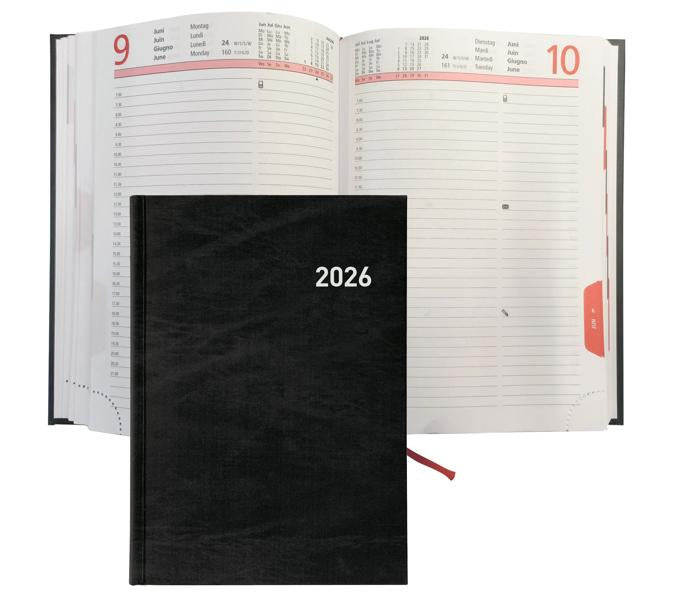 Biella Registra Agenda – 1 Tag/Seite, gebunden, 14,5 × 20,5 cm, 2026, 1/2-Stunden-Takt, schwarz, FSC