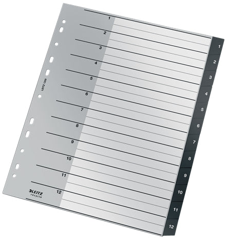 Leitz Register A4 überbreit – nummeriert 1–12, 12 Taben, PP, schwarz/weiss, 12-fach