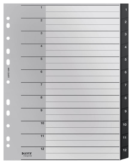 Leitz Register A4 überbreit – nummeriert 1–12, 12 Taben, PP, schwarz/weiss, 12-fach
