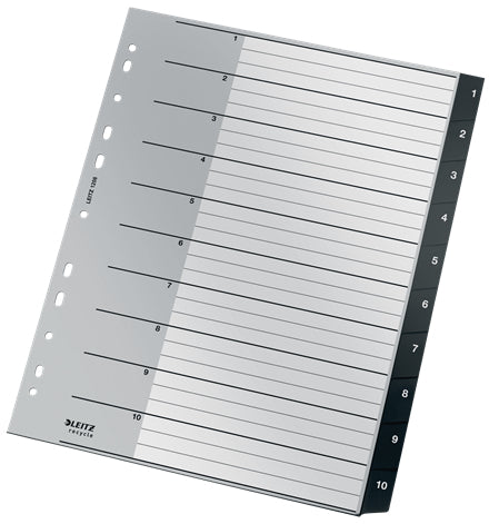 Leitz Register A4+ Überbreit – Nummeriert 1–10, 10 Taben, PP, Schwarz, Weiss, 10-fach, für Zeigetaschen