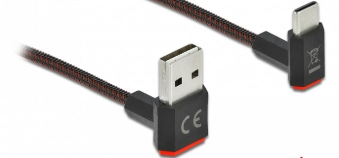 DeLOCK USB-A auf USB-C Kabel – USB 2.0 (480 Mbit/s) – 1 m – Abgewinkelt, Beidseitig einsteckbar – Schwarz