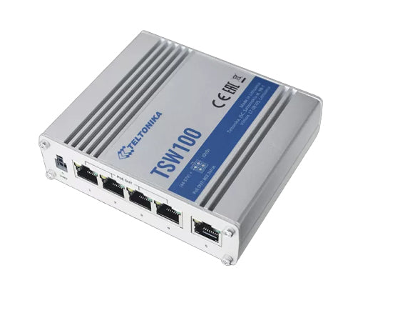 Teltonika TSW100 – Unmanaged Switch – 5× 1G, 4× PoE+ (30 W/Port, PoE Budget 120 W), IP30