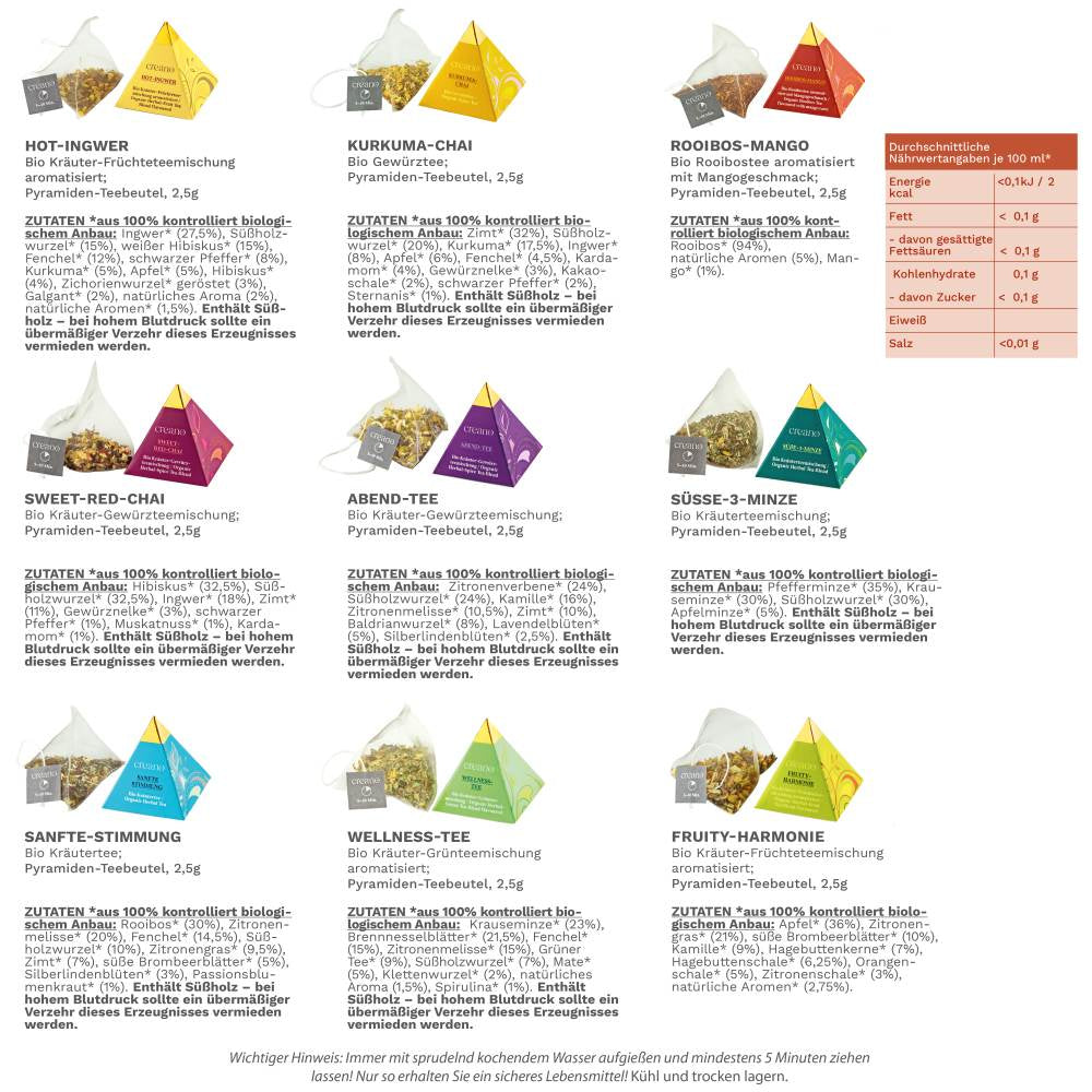 Creano Geschenkset Kräutertee – 9 Pyramiden-Teebeutel – Bio