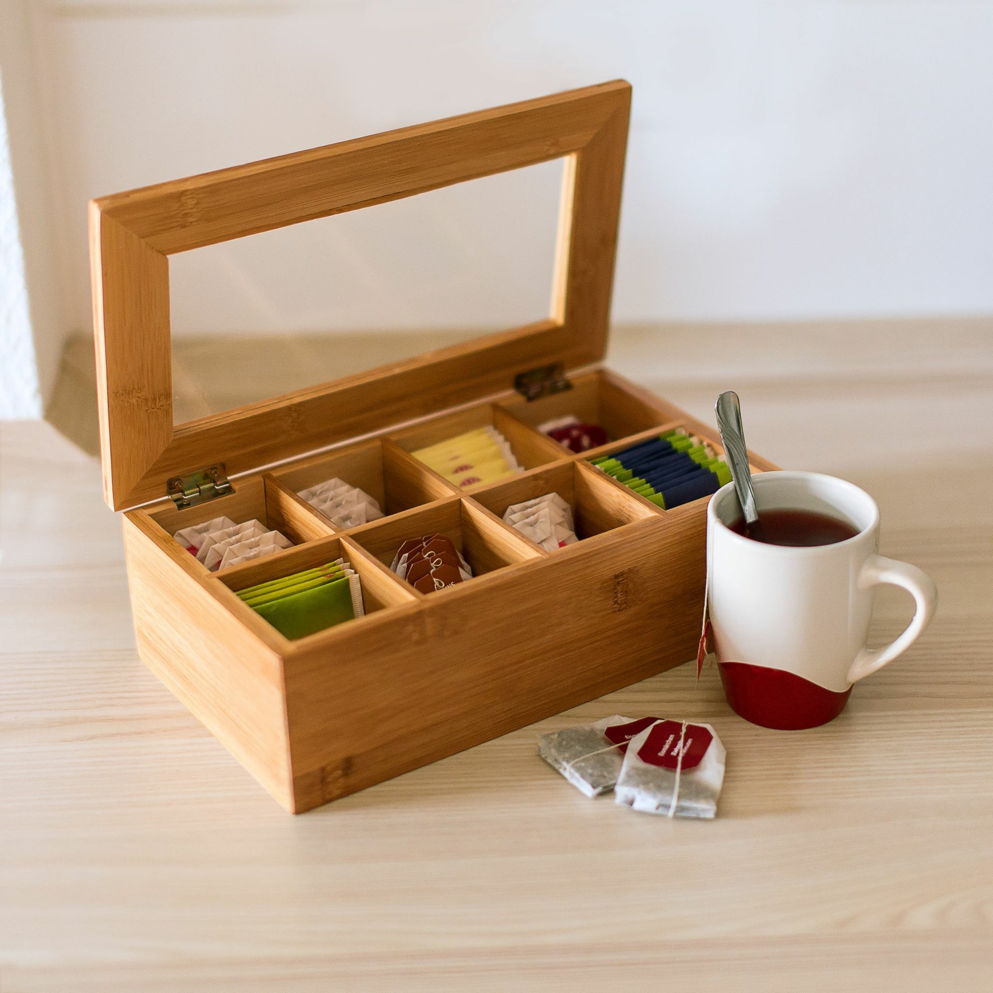 Relaxdays Teebeutelbox Bambus/Kunststoff, 8 Fächer, 28 × 16 × 9 cm