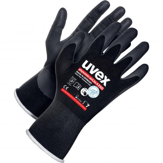 Uvex Arbeitshandschuhe phynomic airLite A – Grösse 6, 1 Paar – Polyamid, ESD, EN 388:3110X, Schwarz