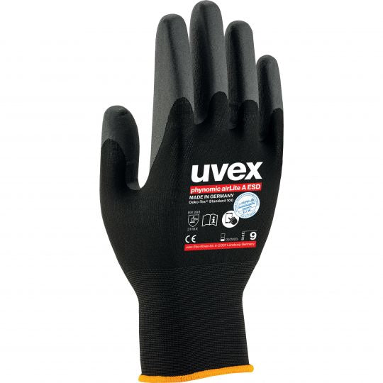 Uvex Arbeitshandschuhe phynomic airLite A – Grösse 6, 1 Paar – Polyamid, ESD, EN 388:3110X, Schwarz