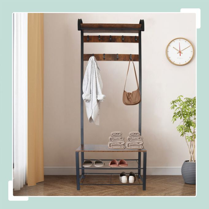 Relaxdays Garderobe mit Schuhregal – Stahl/MDF, Schwarz/Dunkelbraun, 69 × 30 × 182 cm, Traglast 95 kg