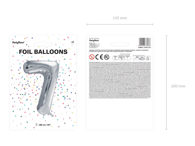 PartyDeco Folienballon Zahl 7 – Silber – 86 cm – Folie – 1 Stück
