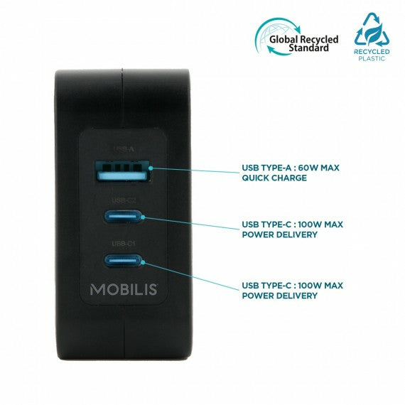 Mobilis Netzteil – 100 W, 2× USB-C + 1× USB-A, GaN, mit 2 m Kabel