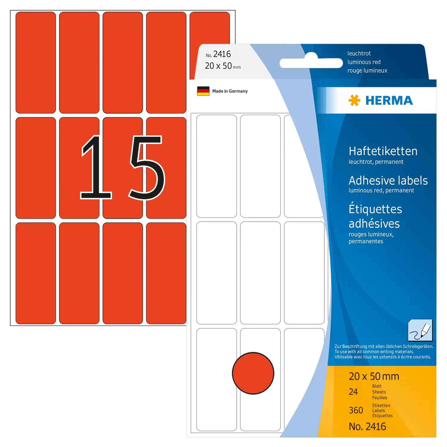 HERMA Haftetiketten – rechteckig 20 × 50 mm, permanent, leuchtrot, Papier, 24 Blatt (360 Stk.)