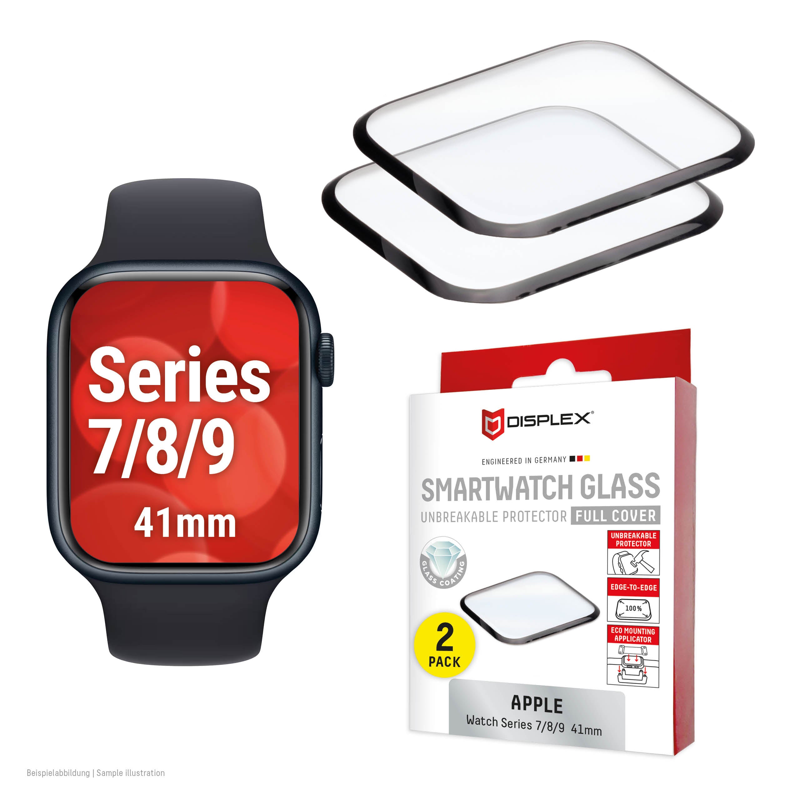 Displex Displayschutz (Panzerglas), Full Cover – für Apple Watch Series 9/8/7 41 mm