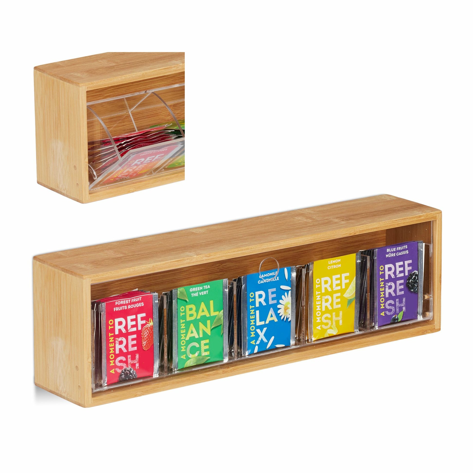 Relaxdays Teebeutelbox Bambus/Kunststoff, 5 Fächer, 39 × 8 × 11,5 cm, natur