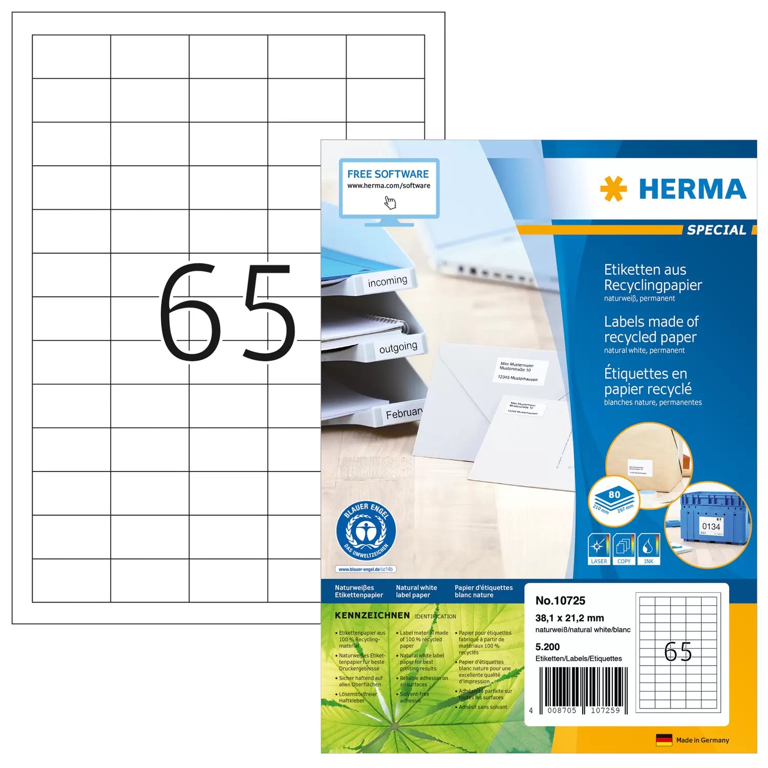 HERMA Gestanzte Drucketiketten, 38 mm × 21 mm, weiss, Papier, permanent, 5200 Stück