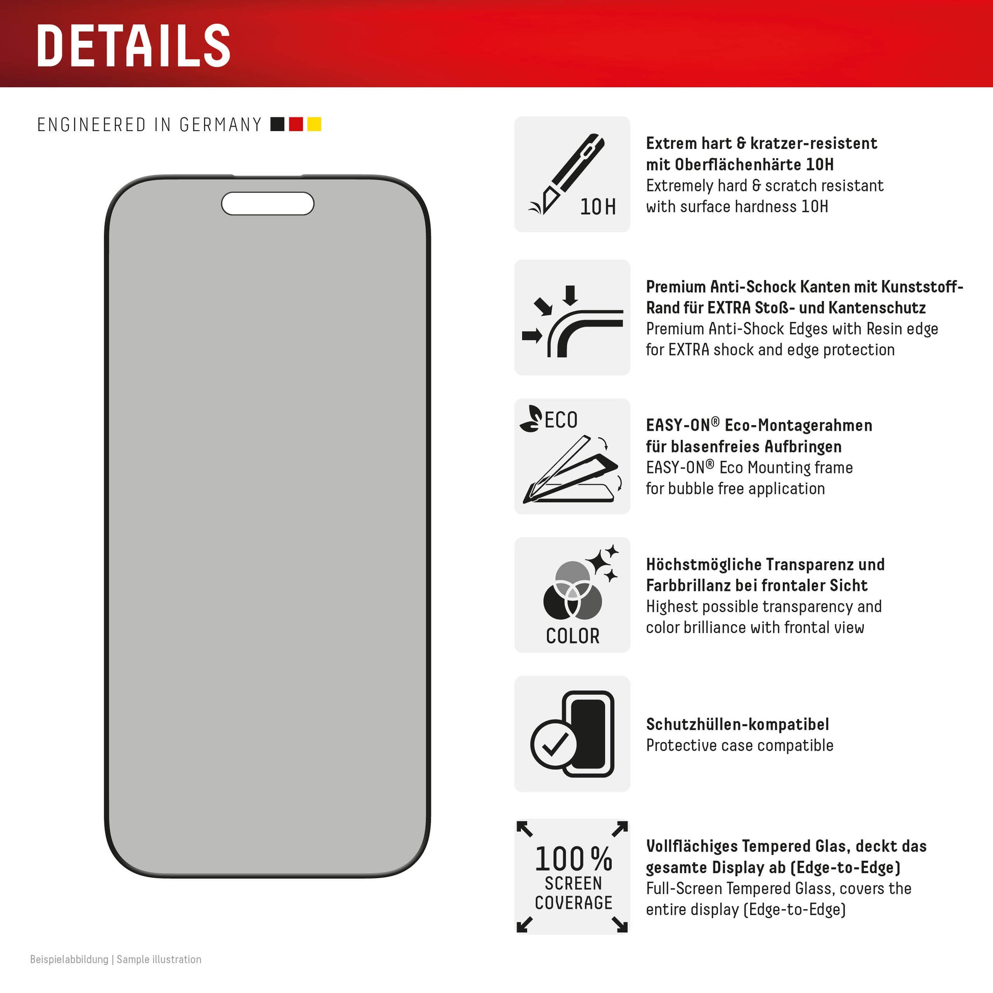 Displex Privacy-Filter (Panzerglas), Full Cover – für iPhone 16 Pro – mit Applikator