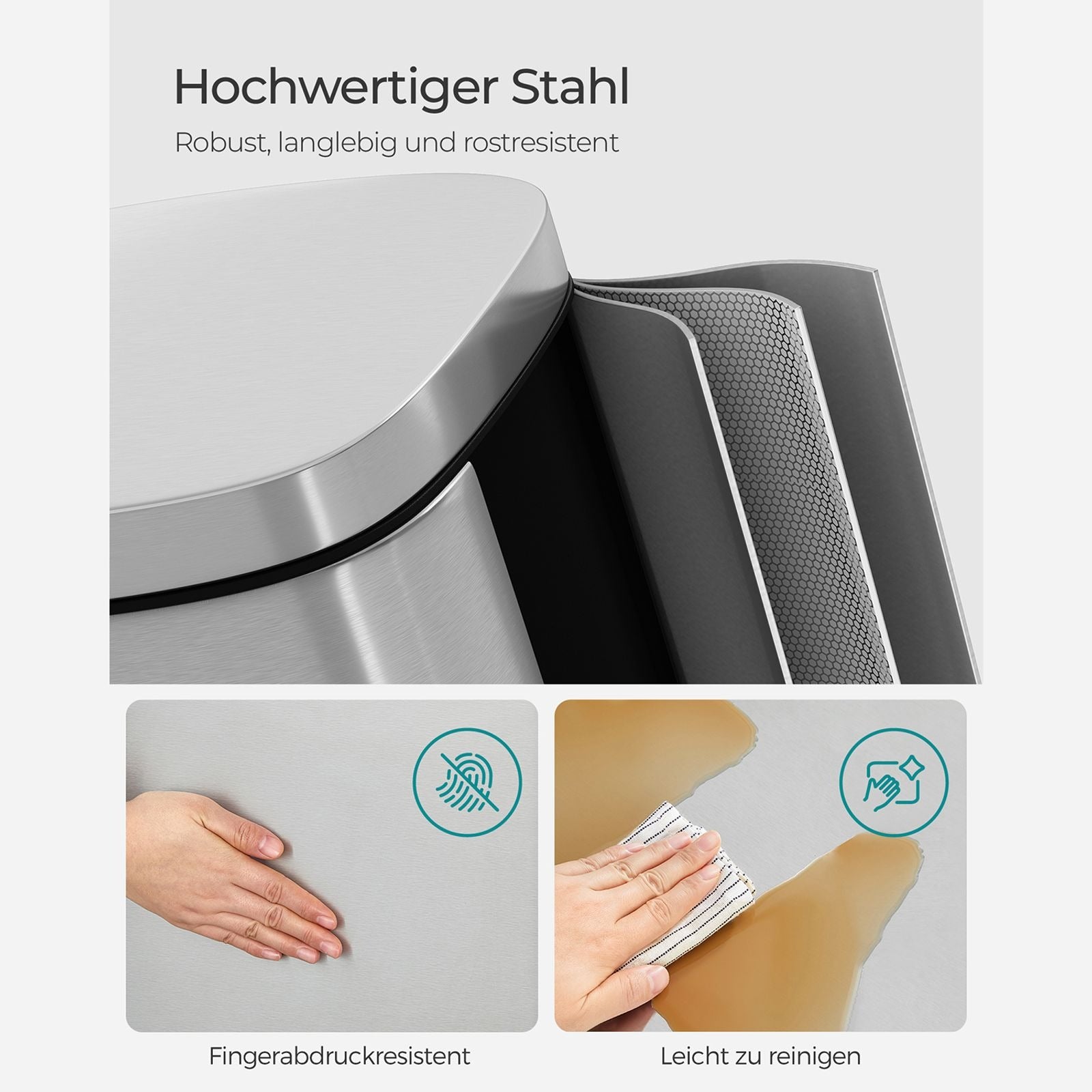 Songmics Papierkorb – 30 l – Stahl, Silber – Ø 350 × H 635 mm