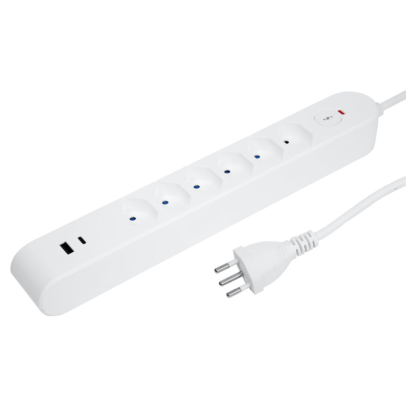 Steffen Steckdosenleiste – 6× T13, USB‑A/C (18 W/20 W), 3 m, mit Schalter, IP20, Weiss