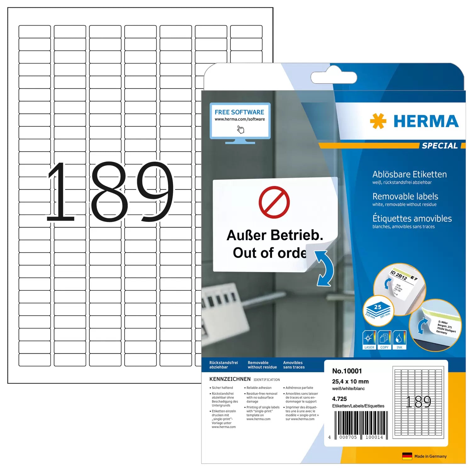 HERMA Druckeretiketten, 25,4 mm × 10 mm, weiss, Papier, ablösbar, 25 Blatt