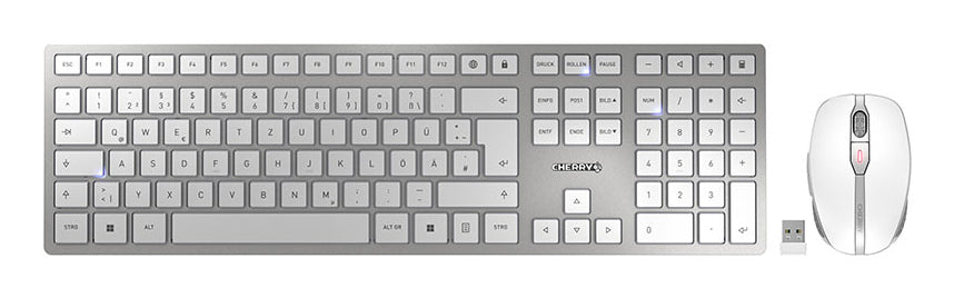 CHERRY Desktop DW 9100 SLIM – Tastatur, kabellos (Bluetooth), DE-Layout (DE), aufladbar, Silber/Weiss