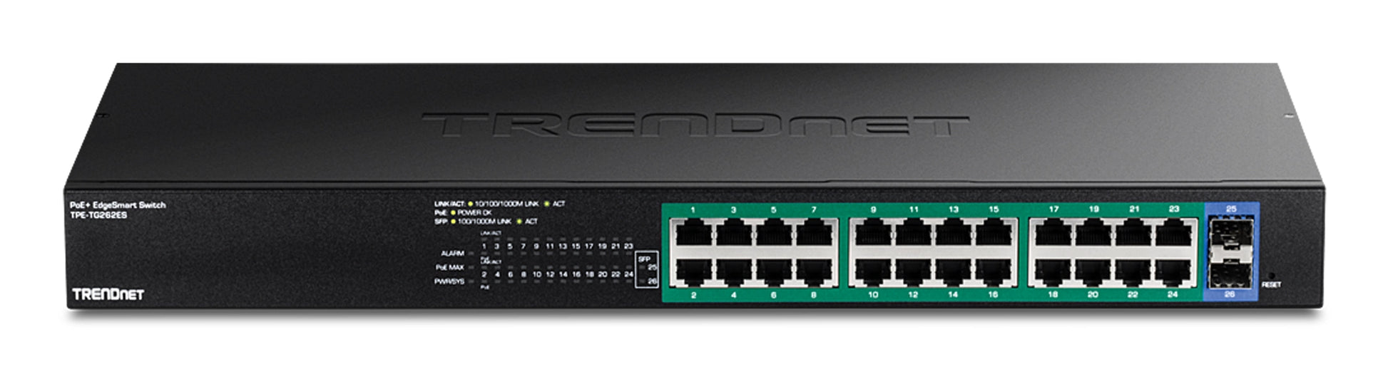 TRENDnet TPE-TG262ES – Smart Switch – 24× 1G, 2× SFP, PoE+, PoE-Budget 380 W, 19", 1U