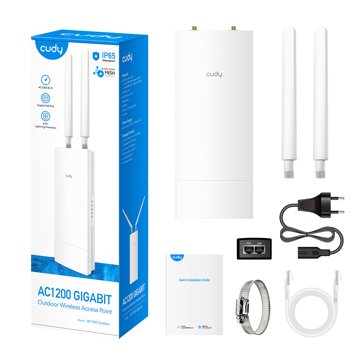 Cudy AP1300 – Access Point – Wi‑Fi 5 (2,4/5 GHz), 1,2 Gbit/s, GbE, PoE+, Wand/Stange