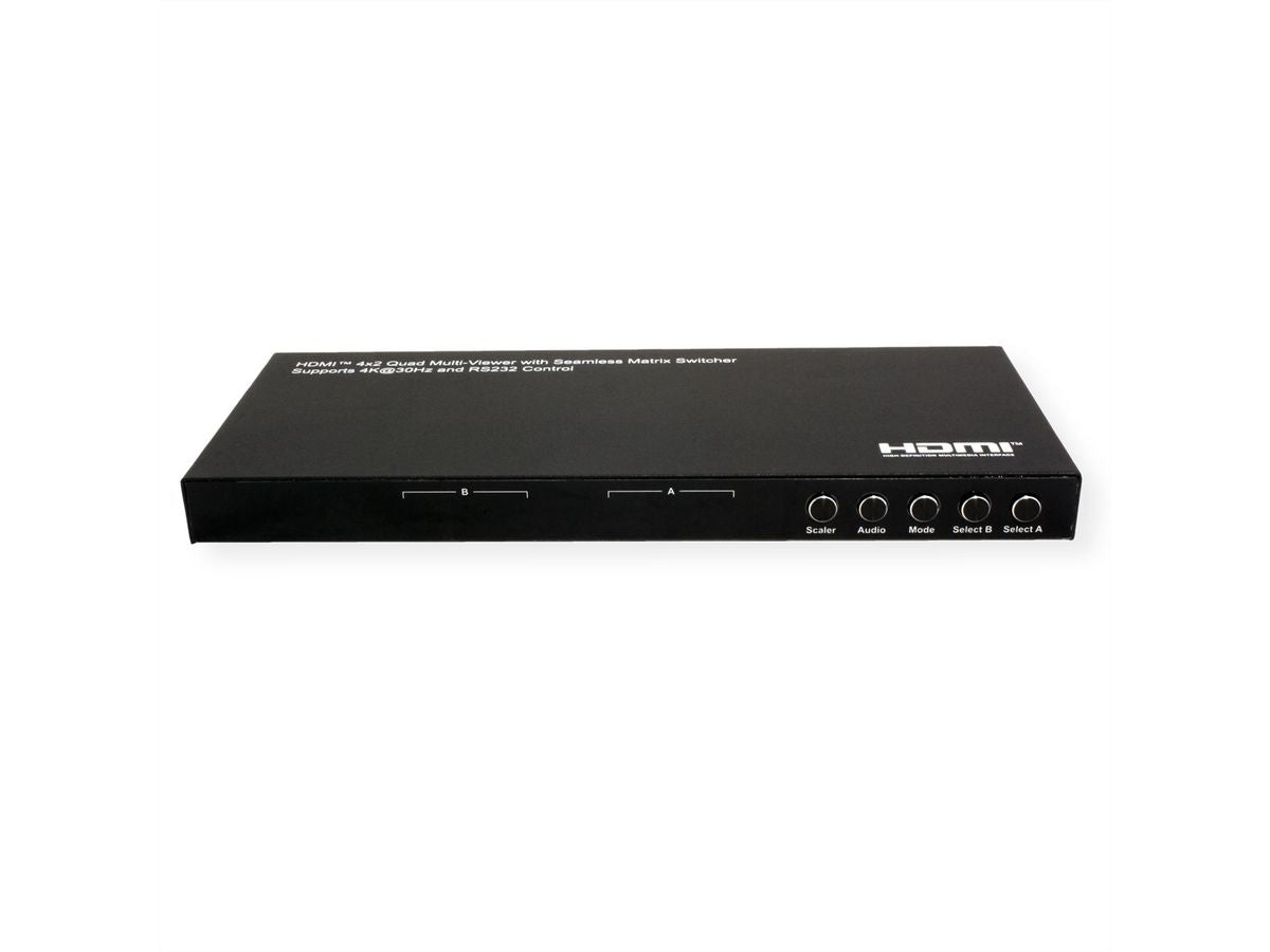 VALUE HDMI Matrix 4×2, 4K@30 Hz, Quad Multi-Viewer, HDCP 1.4, RS-232/IR, Toslink/Stereo, Schwarz