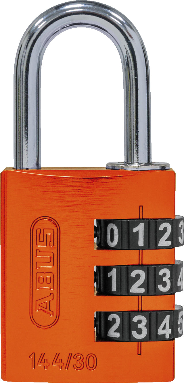 ABUS 144/30 Kombinationsschloss – 3-stellig, Aluminium, Aussen, Bügel H25×B14 mm, Ø5 mm, Orange