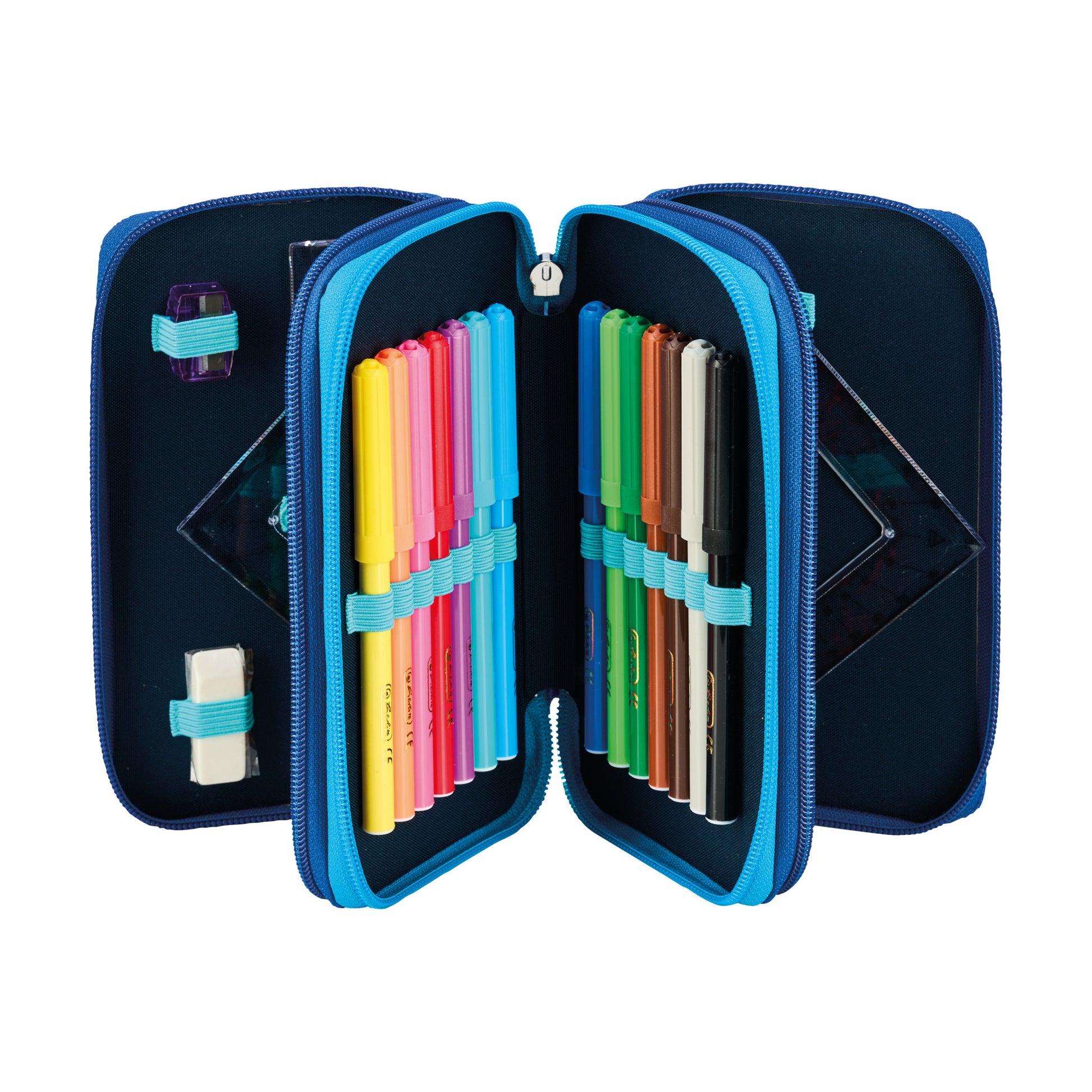 Herlitz TriCase – Schüleretui, 3 Klappen, gefüllt (31-teilig), Jungle Safari, Blau, 19 × 11,5 × 7 cm