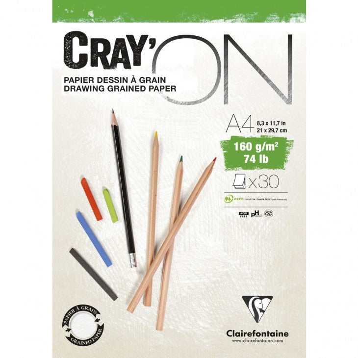 Clairefontaine Cray'ON Skizzenblock – A4 – 160 g/m² – 30 Blatt, feinkörnig, für Bleistift, Filzstift & Pastell