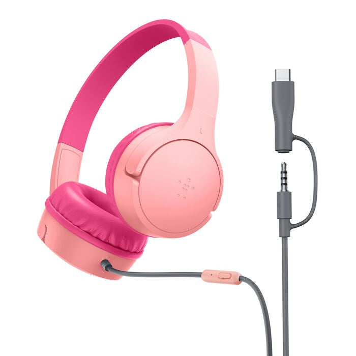 Belkin SoundForm Mini Over-Ear Kopfhörer – Stereo, Kabelgebunden, 3,5 mm Klinke + USB-C, Pink